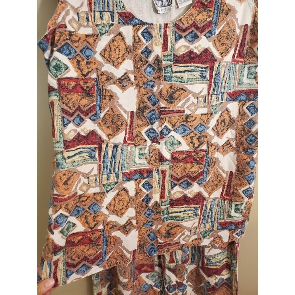 Vintage Colorful Cues Collection Geometric Shape 100% Silk Print Tank & Pant Set - Picture 2 of 12